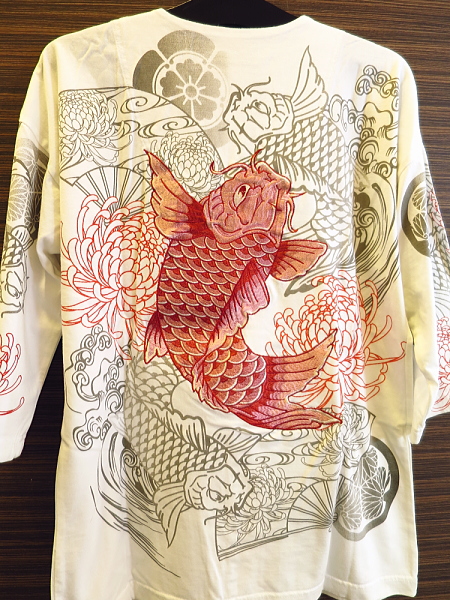 家紋と乱菊に鯉刺繍 和柄七分袖Tシャツ(白)